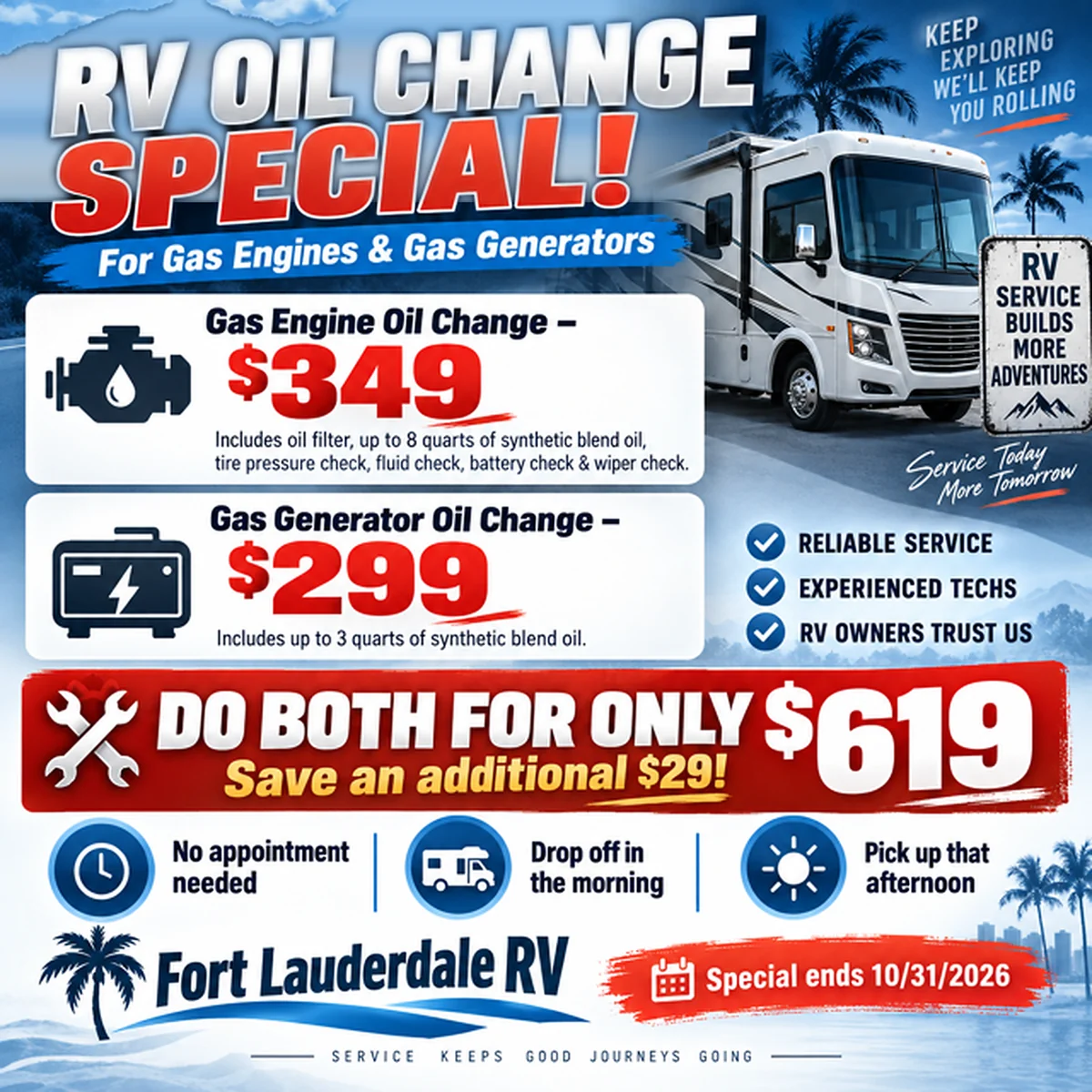 Fort Lauderdale RV oil change special for gas engines and gas generators